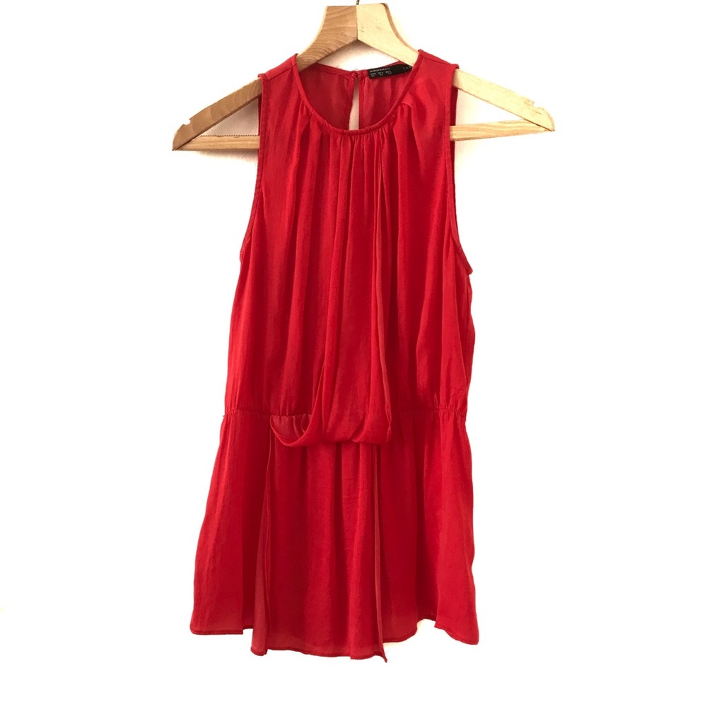 Zara Red Pleated High Neck Long Silky Sleeveless Long Blouse Top Women Sz XS EUC